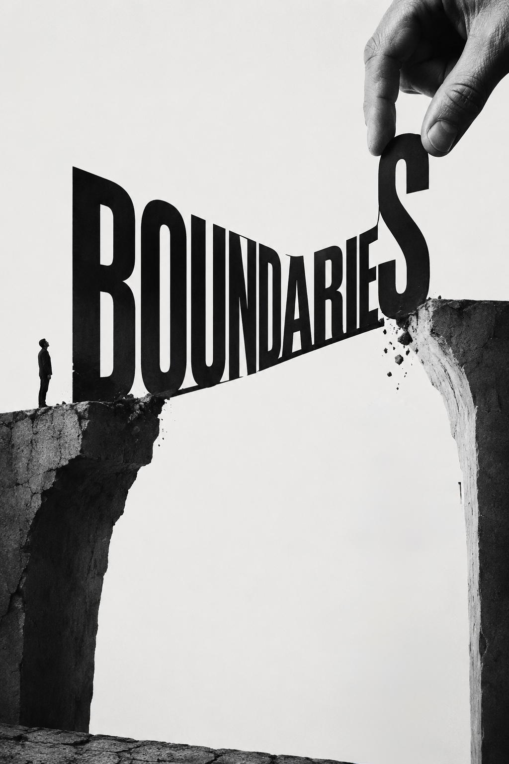 The word &lsquo;boundaries&rsquo; bridging a chasm between two cliffs, a small figure standing at one edge as a hand lifts the final letter away.