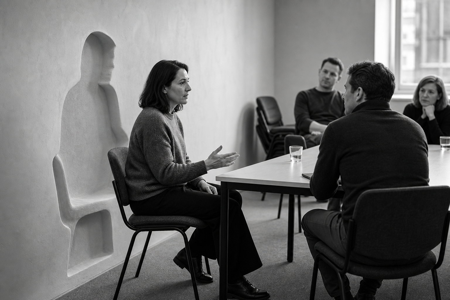A woman speaks in a meeting while the empty chair beside her holds a pale, seated impression of someone no longer there.