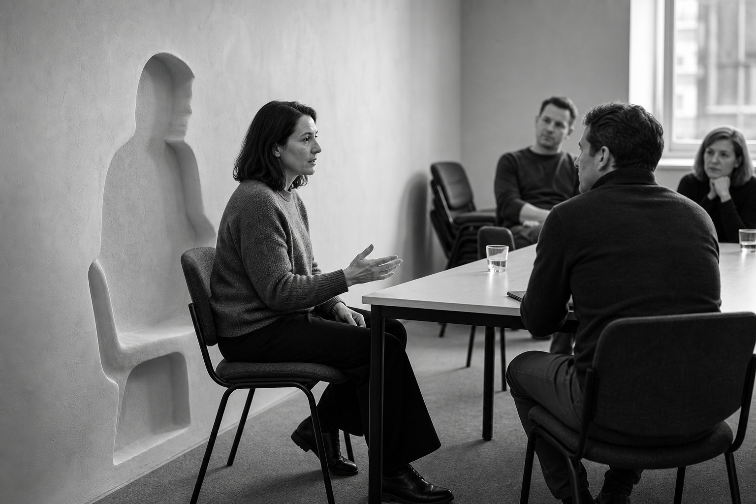 A woman speaks in a meeting while the empty chair beside her holds a pale, seated impression of someone no longer there.