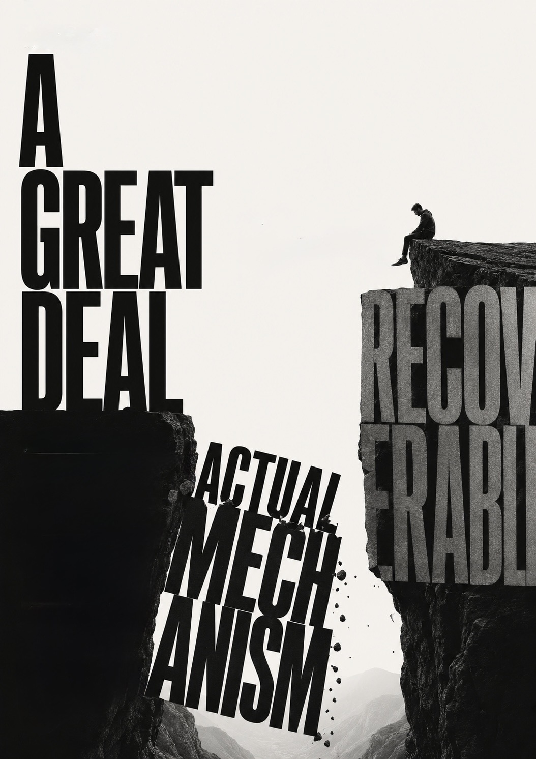 Across a chasm, the words &lsquo;a great deal&rsquo; and &lsquo;actual mechanism&rsquo; on one cliff and &lsquo;recoverable&rsquo; on the other, a figure sitting on the far edge.