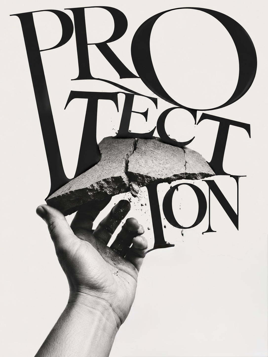 A hand holding up a cracked slab of stone beneath the sculpted word &lsquo;protection&rsquo;, the stone splitting apart.