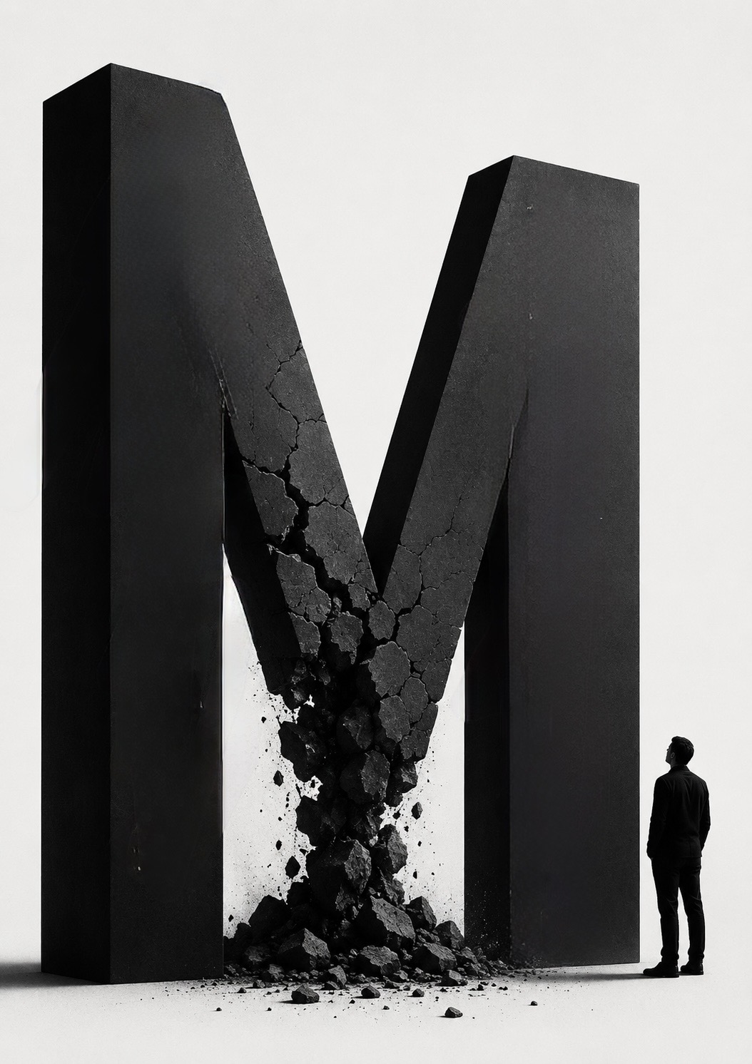 A person standing small beside a monumental letter M whose centre has cracked and is crumbling into a heap of rubble.