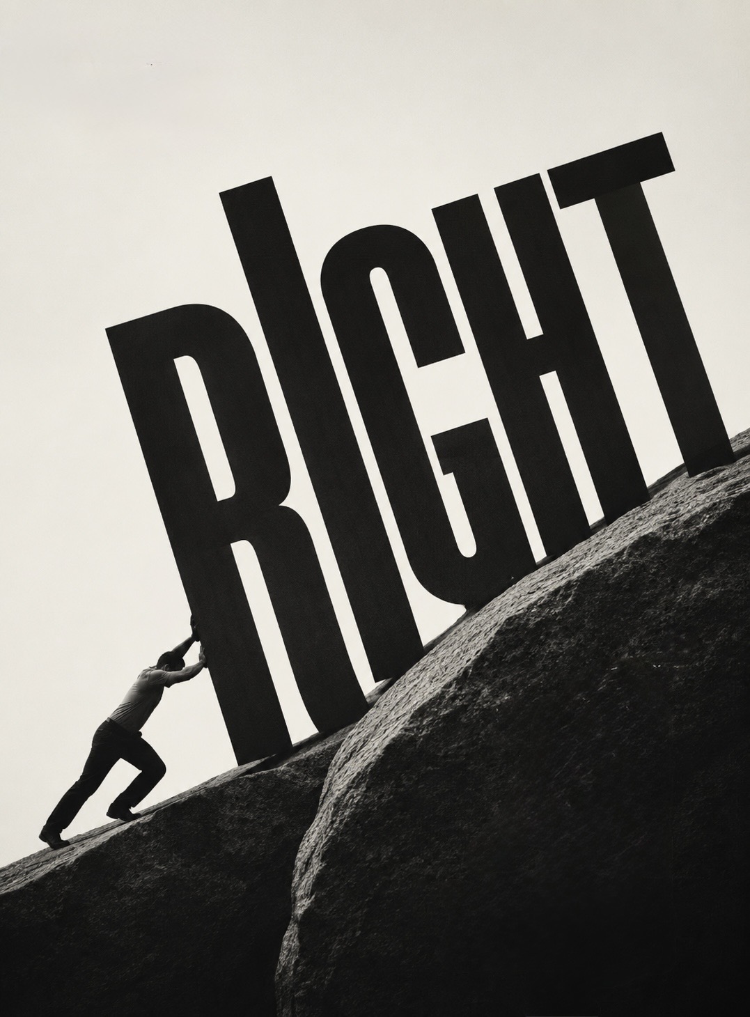 A figure straining to push the towering word RIGHT up a steep slope, in the manner of Sisyphus.