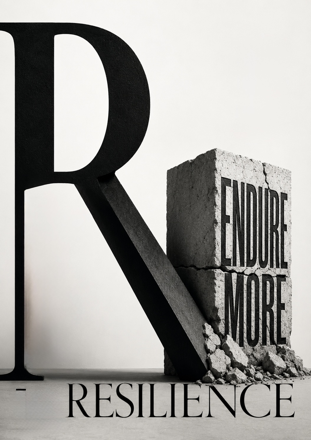 Sculpture of the letter R leaning against a cracked concrete block reading ENDURE MORE, titled RESILIENCE.