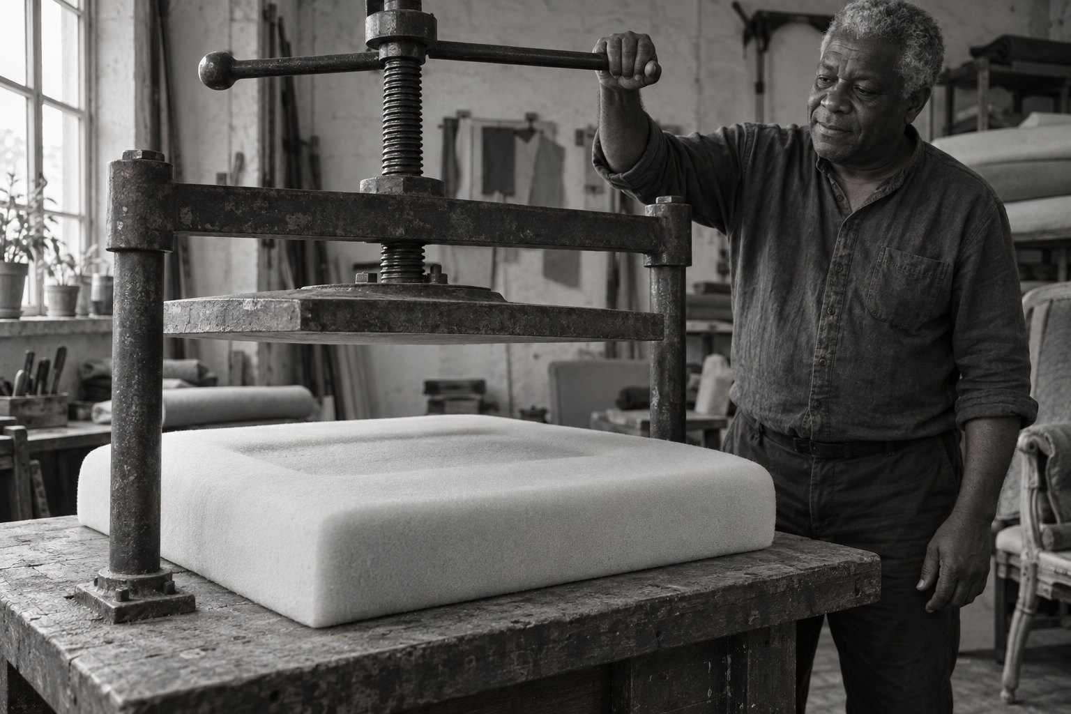 A man holds the handle of a manual press whose raised plate leaves a clear gap above a foam cushion with a shallow rectangular impression.