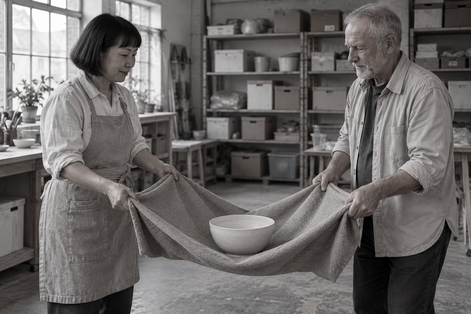 A woman in an apron and a grey-bearded man hold a broad cloth between them, with a pale ceramic bowl resting in its sagging centre in a workshop.