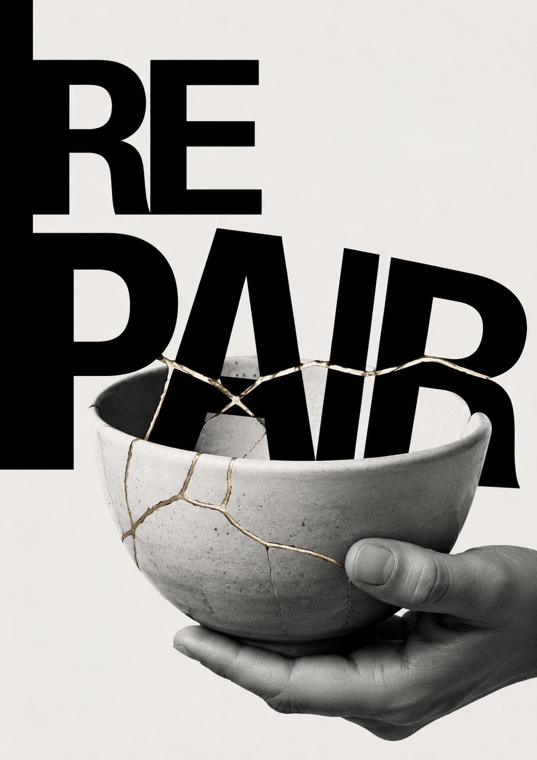 A pair of cupped hands holding a broken ceramic bowl mended with gold in the kintsugi tradition, beneath the sculpted word REPAIR.