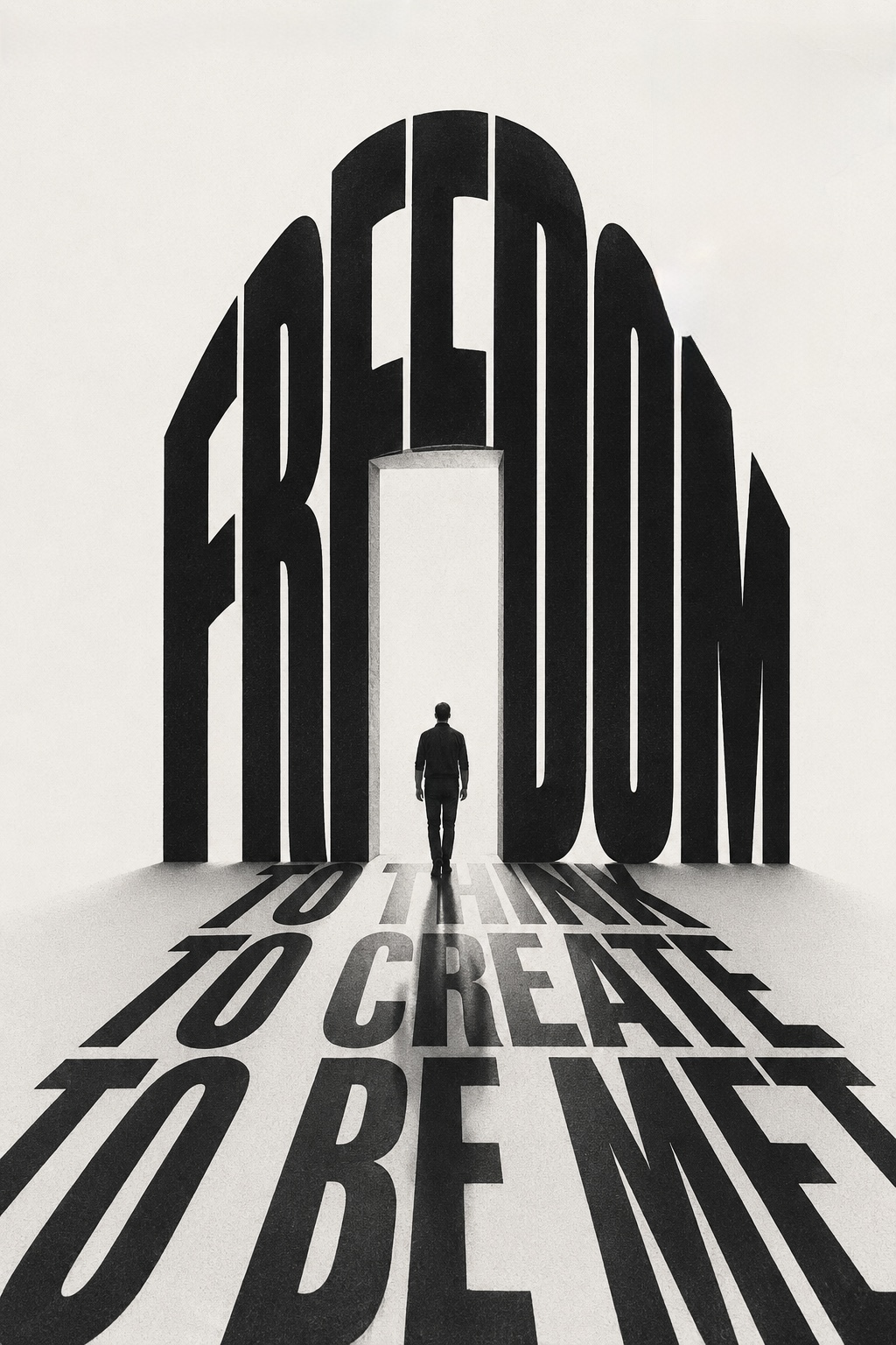 A lone figure walking through a doorway formed by the word FREEDOM, its shadow spelling TO THINK, TO CREATE, TO BE MET across the ground.