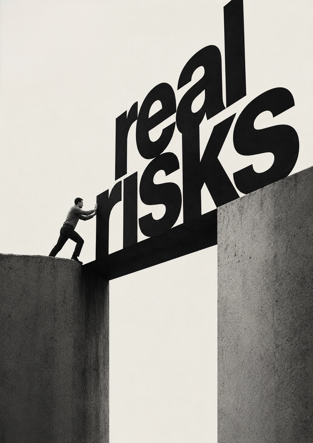 A figure pushing the toppling words REAL RISKS across a gap between two concrete pillars.