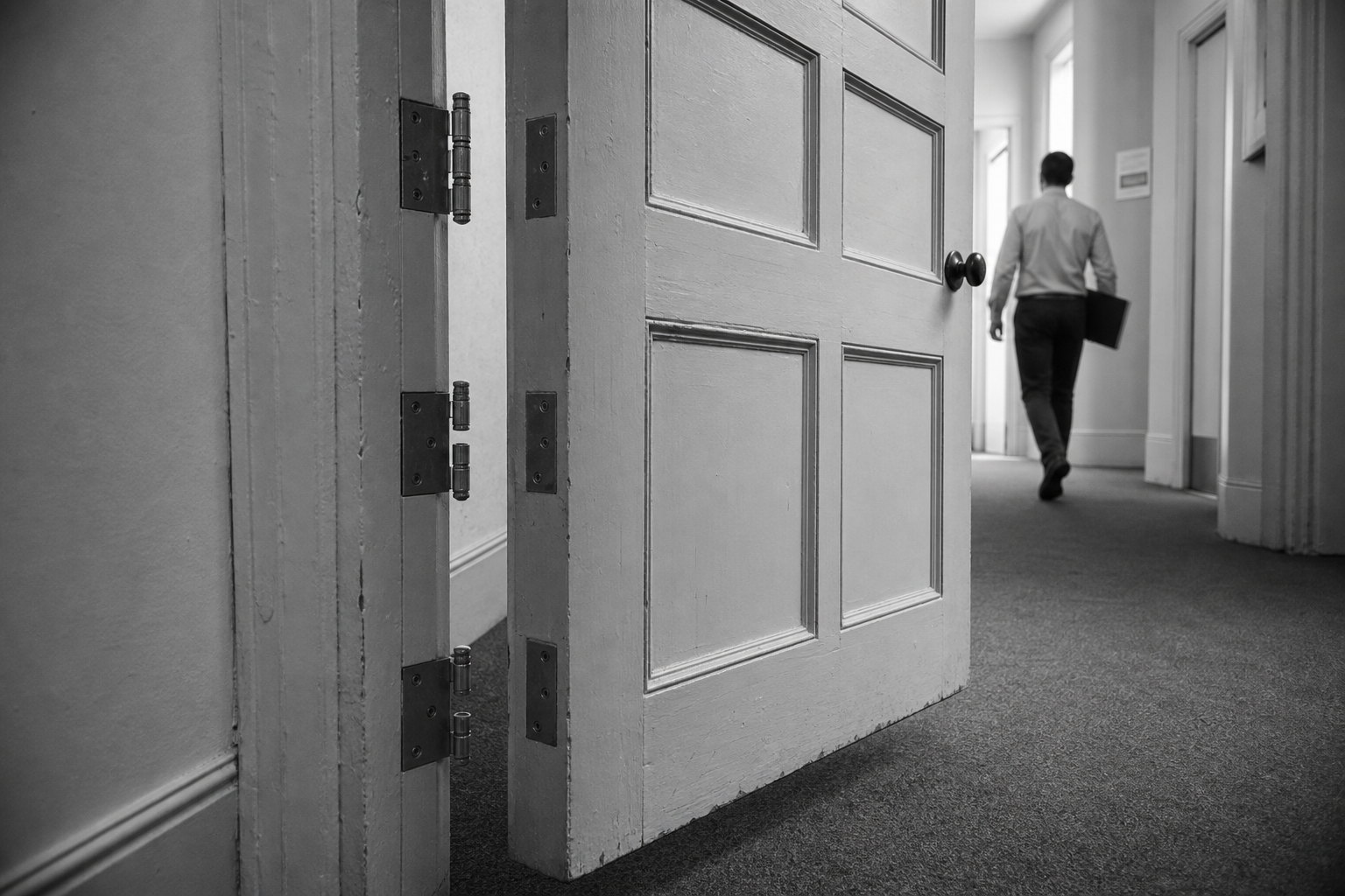 A man walks away down a corridor past a heavy panelled door that has been lifted clear of its frame, its hinges still fixed to the wall.