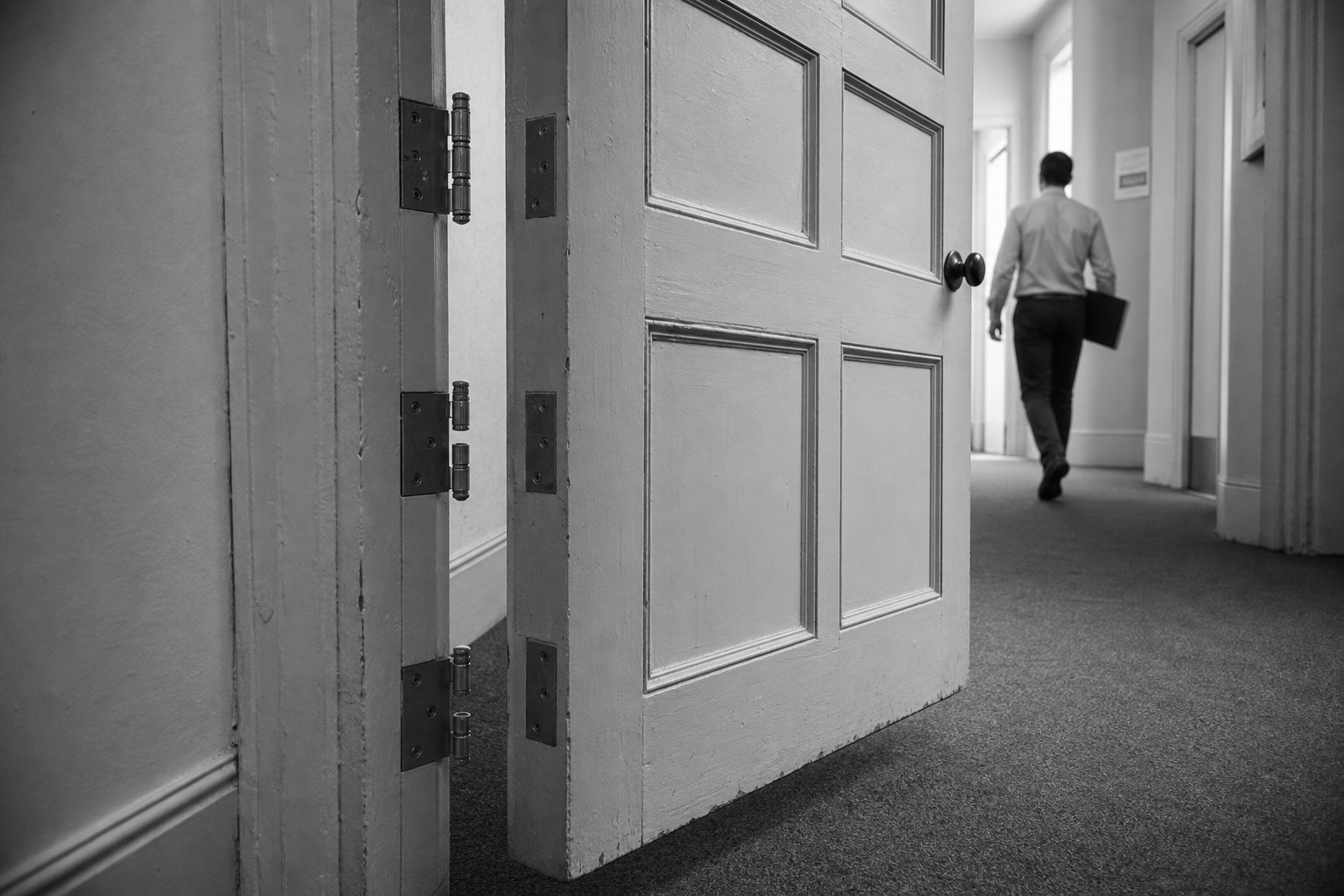A man walks away down a corridor past a heavy panelled door that has been lifted clear of its frame, its hinges still fixed to the wall.