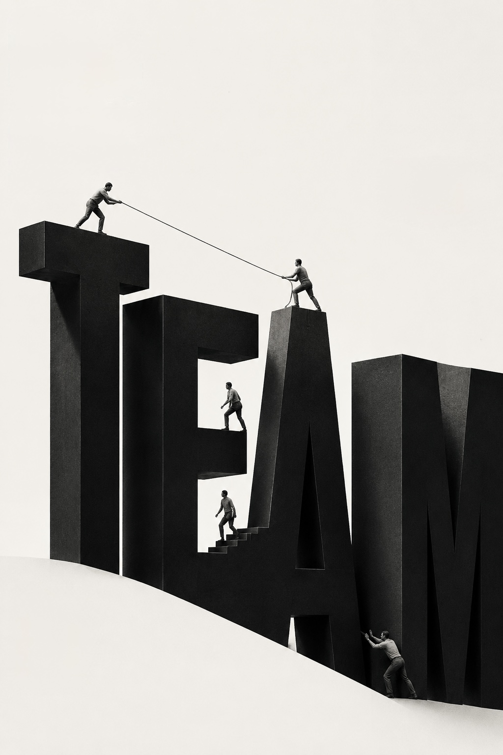 Figures hauling, climbing and pushing the giant letters of the word TEAM up a slope together.