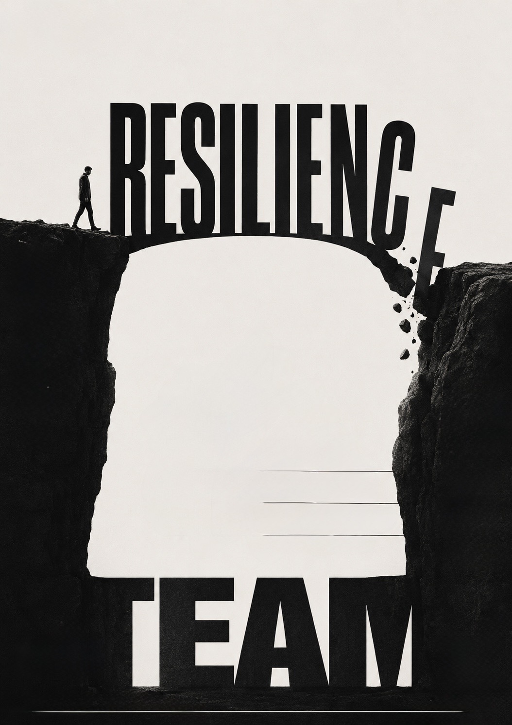 A lone figure walking across a bridge of rock that spells RESILIENCE over a chasm, with the word TEAM forming the ground below.