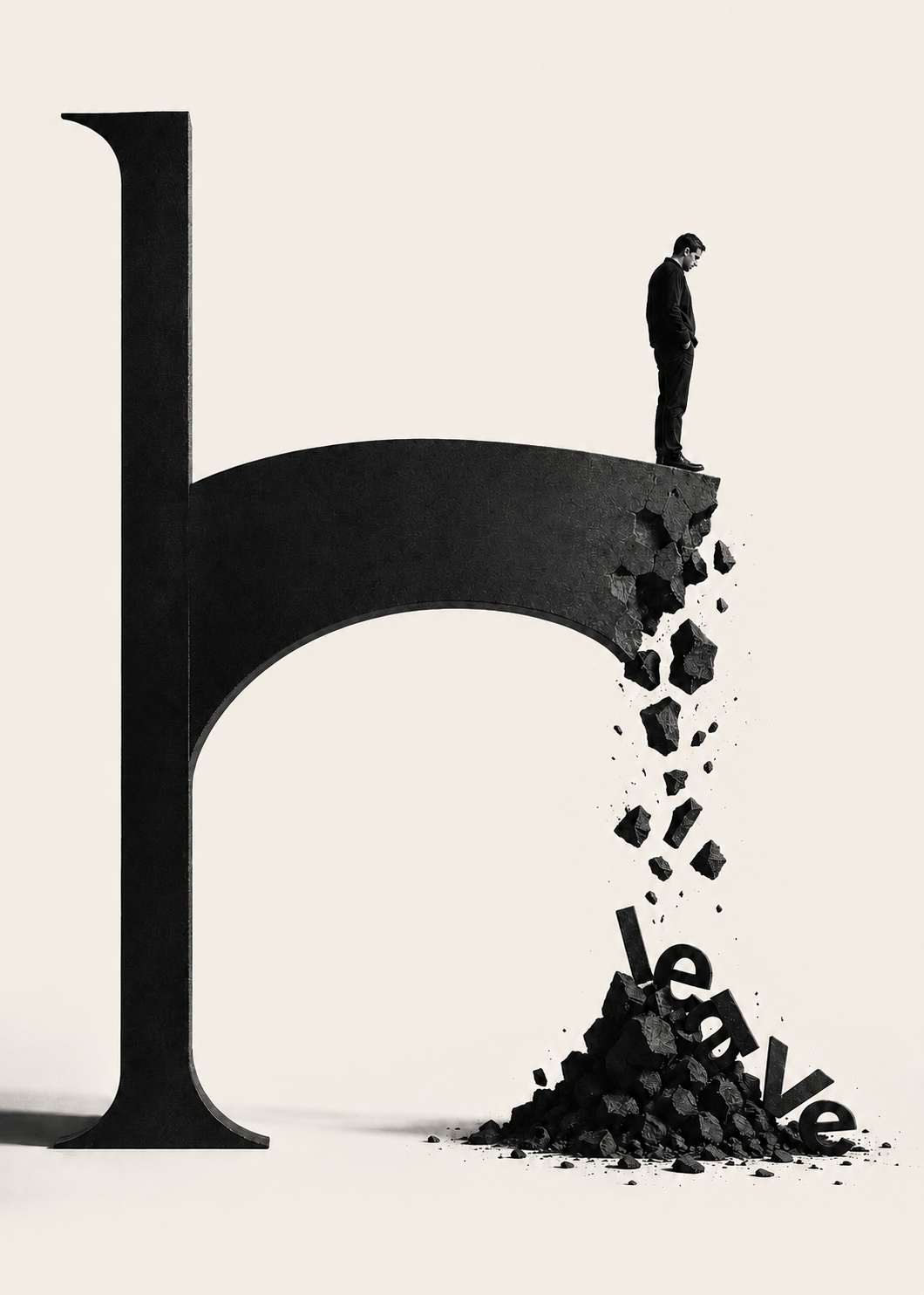 A lone figure in a dark suit standing at the crumbling edge of a giant letter &lsquo;h&rsquo;, looking down as its far edge breaks away into rubble that spells the word &lsquo;leave&rsquo; on the ground below.