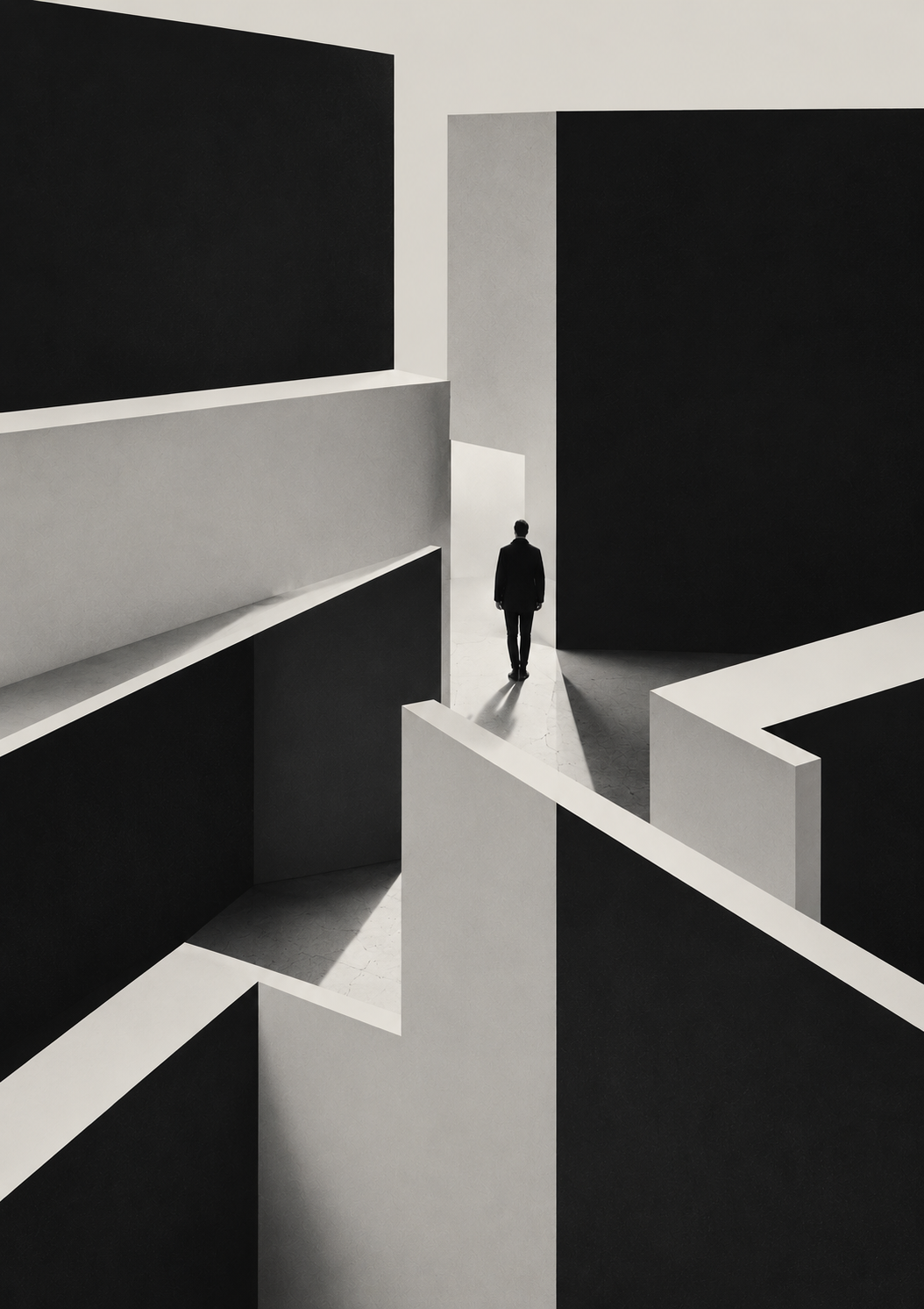 An aerial view of a stark black-and-white maze of interlocking walls and ledges, a lone figure in a dark suit standing in the one shaft of light that finds a path through.