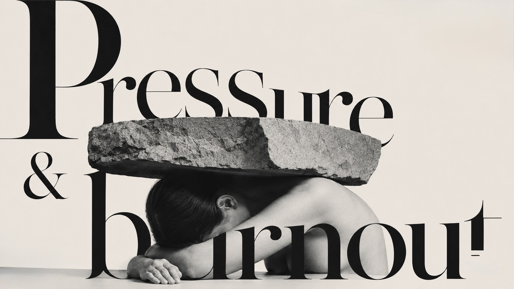 A figure curled low beneath a heavy stone slab, the words &lsquo;Pressure & burnout&rsquo; set large around them.