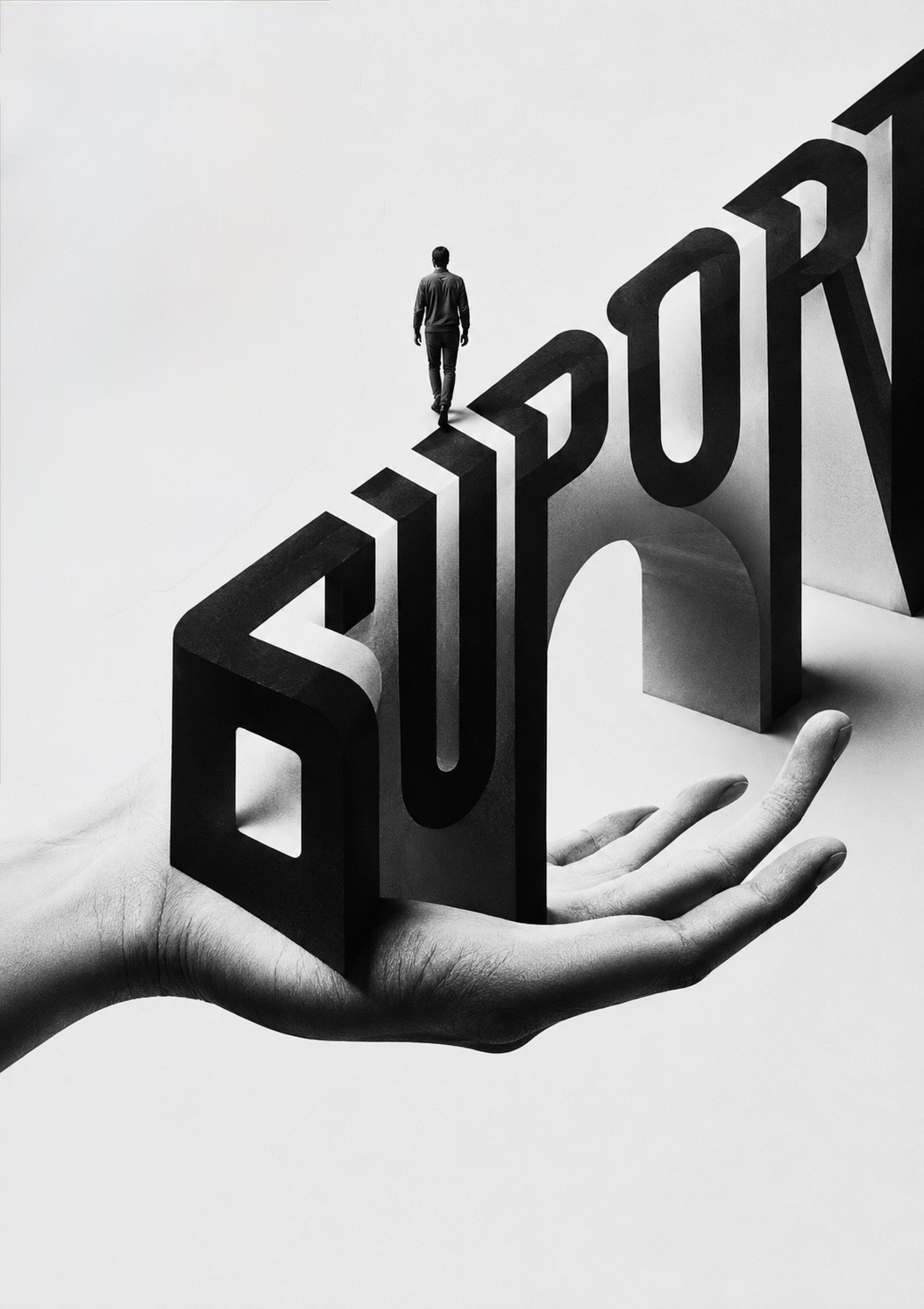A giant open hand held palm-up, carrying three-dimensional black letters that spell &lsquo;SUPORT&rsquo; &mdash; letters missing &mdash; with a small lone figure walking away across the top of them.