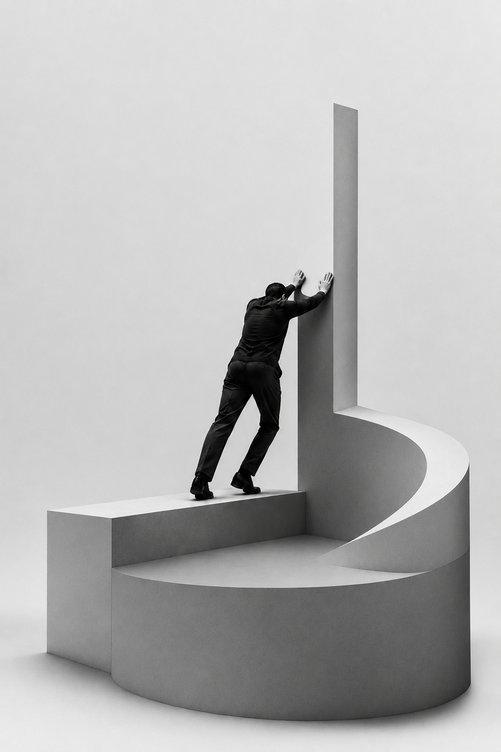 A man in a dark suit braced against a tall pale wall, pushing it upright atop a curling spiral plinth.