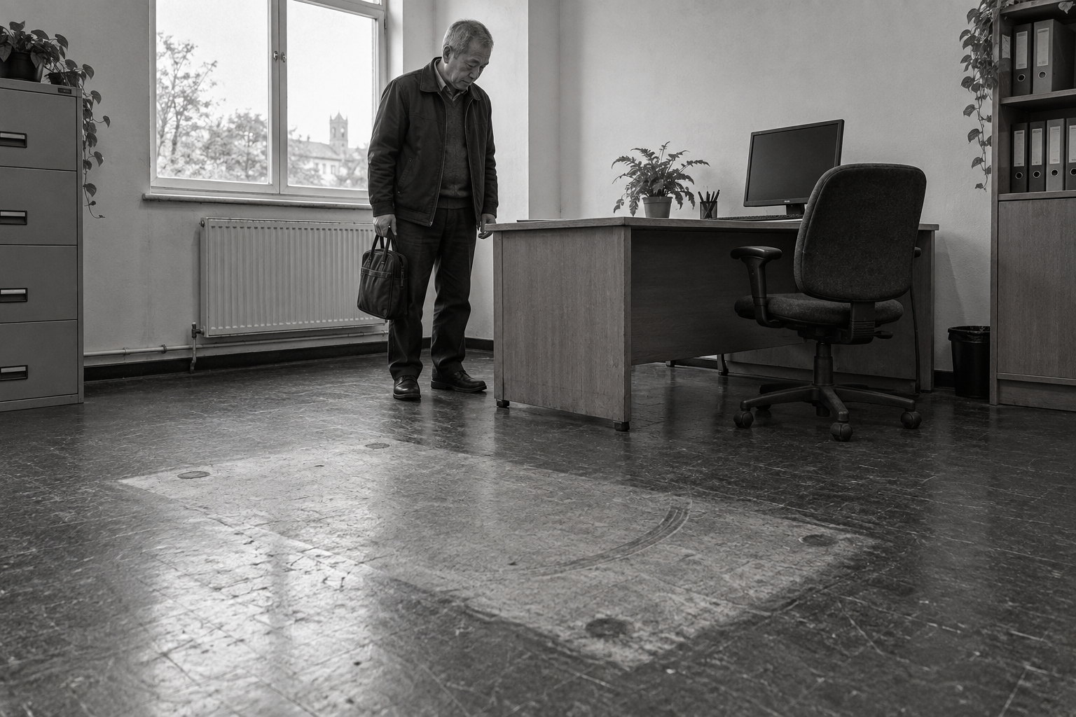 A grey-haired man holding a dark work bag looks down beside an office desk, while a pale rectangular patch with round marks and a curved scuff remains on the floor in front of it.
