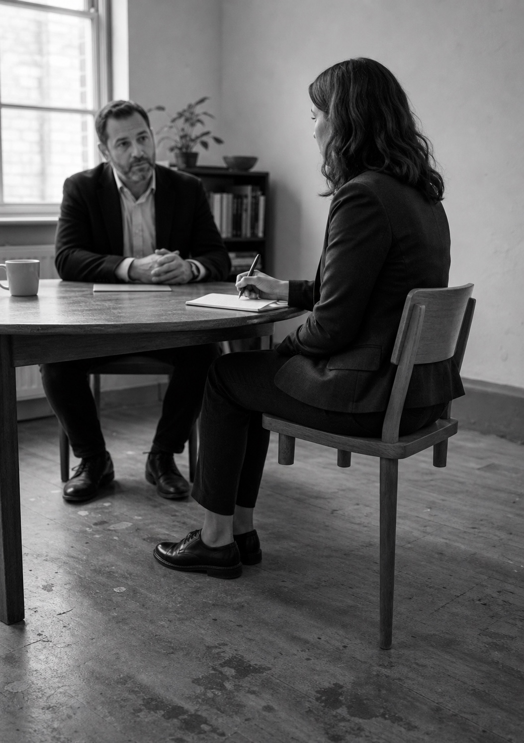 A man and a woman sit across a small round table in a quiet room, papers between them, mid-conversation.