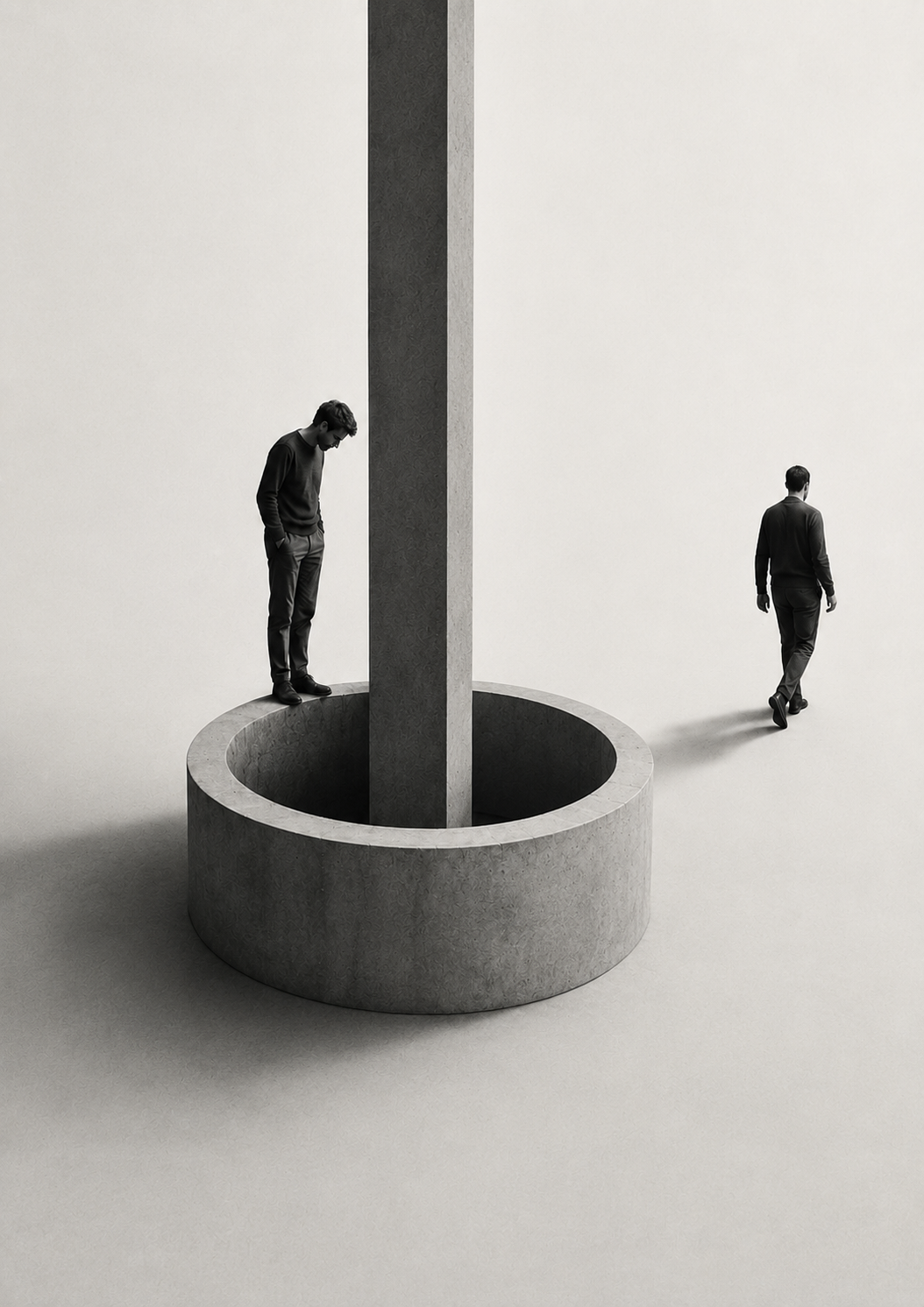 One figure standing at the rim of a deep circular well, hands in pockets, looking down into it as a tall column rises through its centre; a second figure walks away across the empty floor.